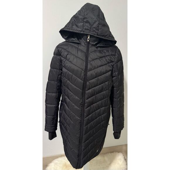 Spyder Black puffer thermal Hooded quilted long jacket front zipper L - Picture 2 of 15